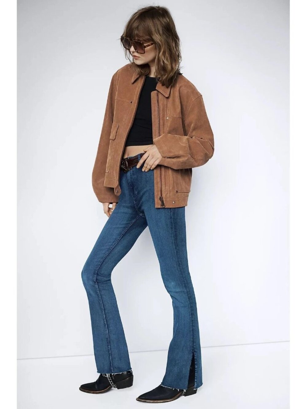 Free People | We The Free Level Up Slit Slim Flare Jeans Size 30/10 Blue Raw Hem